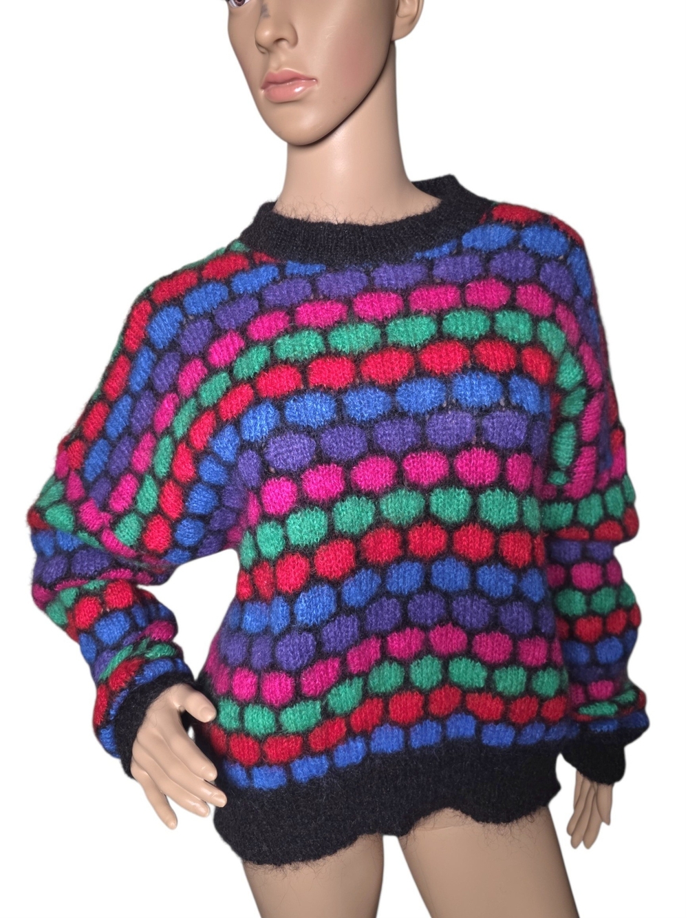 vintage 80s Forenza. Multi-color shaggy mohair blend honeycomb knit sweater, L